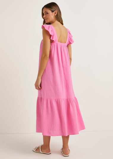 Pink Double Cloth Frill Midi Dress