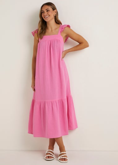 Pink Double Cloth Frill Midi Dress