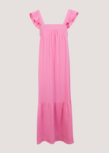 Pink Double Cloth Frill Midi Dress