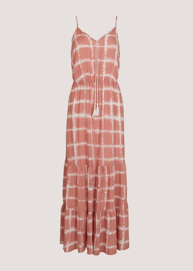 Pink Tie Dye Print Tassel Maxi Dress
