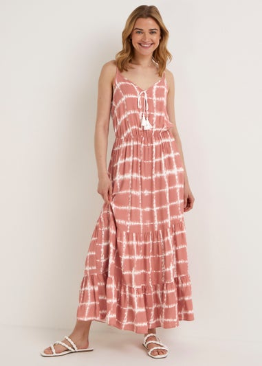 Pink Tie Dye Print Tassel Maxi Dress