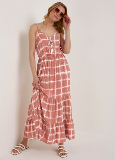 Pink Tie Dye Print Tassel Maxi Dress