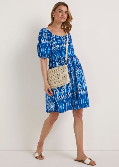 Blue Aztec Print Crinkle Mini Dress