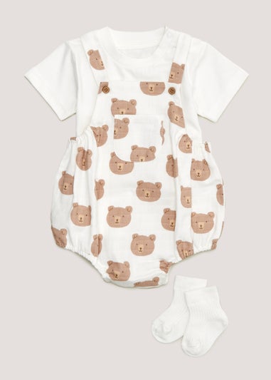 Baby Cream Bear Romper T-Shirt & Socks Set (Newborn-23mths)