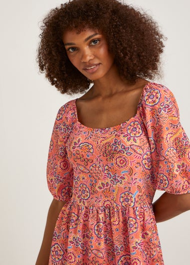 Coral Folk Print Crinkle Mini Dress