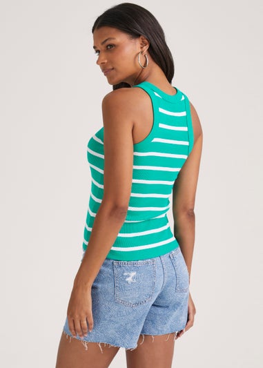 White & Green Stripe High Neck Ribbed Vest Top