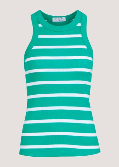 White & Green Stripe High Neck Ribbed Vest Top