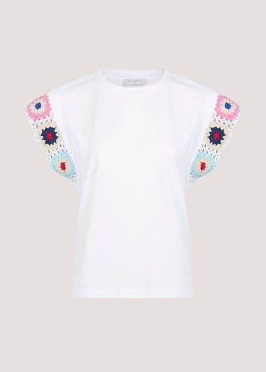 White Crochet Sleeve T-Shirt