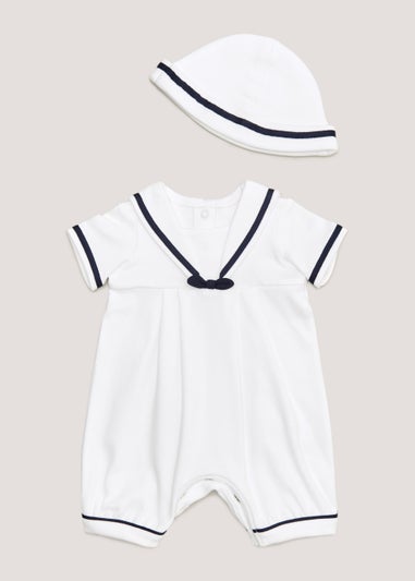 Baby White Nautical Romper & Hat Set (Newborn-12mths)