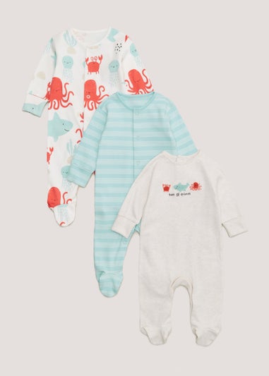 Baby 3 Pack Blue Shark Print Sleepsuits (Tiny Baby-18mths)