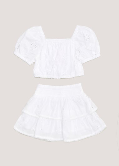 Girls White Broderie Co Ord Top & Skirt Set (4-13yrs)