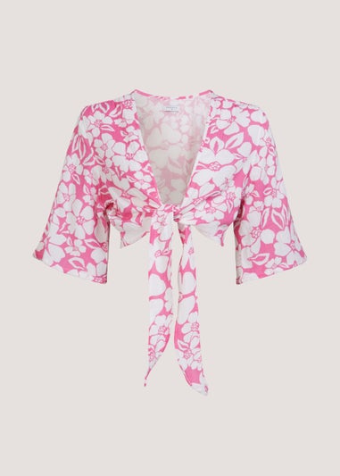 Pink & White Print Double Cloth Tie Co-Ord Beach Top