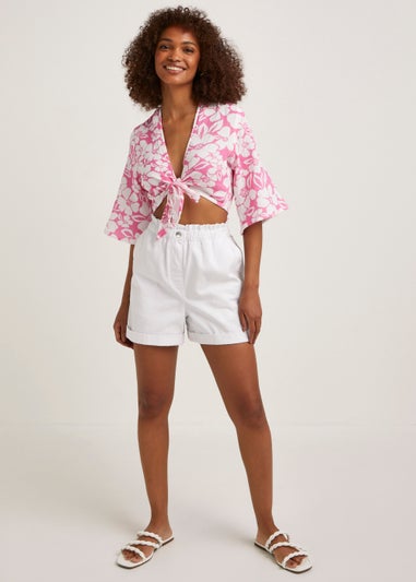 Pink & White Print Double Cloth Tie Co-Ord Beach Top