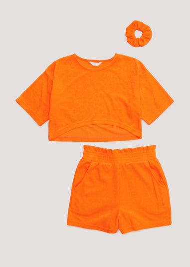 Girls Candy Couture Orange Towelling T-Shirt Shorts & Scrunchie Set (9-16yrs)