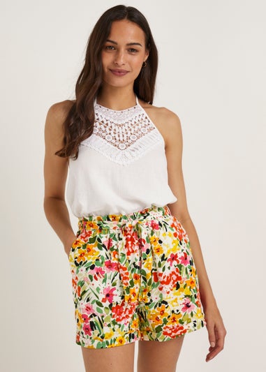 Multicoloured Floral Linen Blend Tie Waisted Shorts