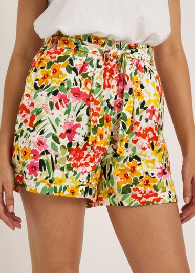 Multicoloured Floral Linen Blend Tie Waisted Shorts