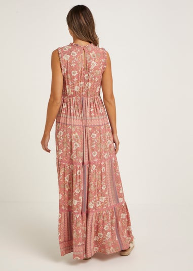 Coral Border Print Maxi Dress