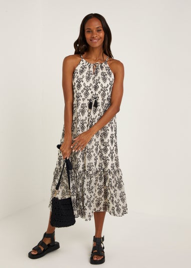 White Monochrome Ikat Print Chiffon Midi Dress