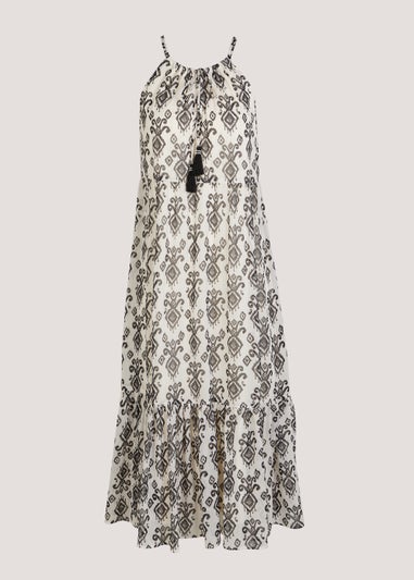 White Monochrome Ikat Print Chiffon Midi Dress