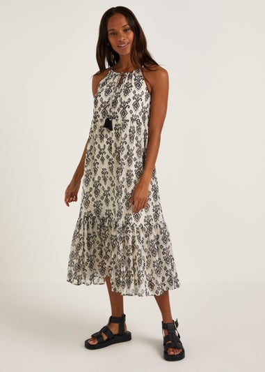 White Monochrome Ikat Print Chiffon Midi Dress - Matalan