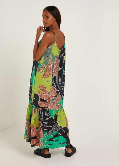 Multicoloured Leaf Print Tiered Maxi Cami Dress