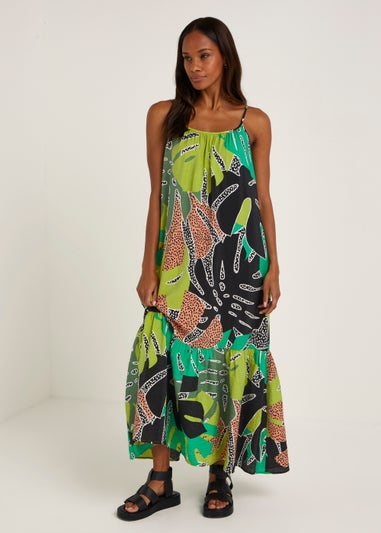 Multicoloured Leaf Print Tiered Maxi Cami Dress