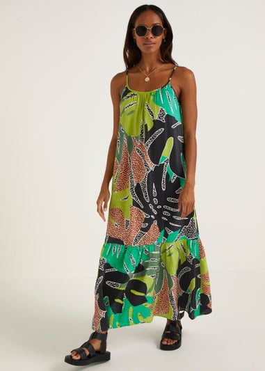 Multicoloured Leaf Print Tiered Maxi Cami Dress