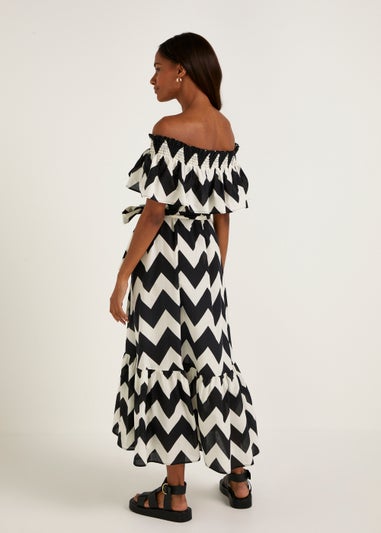 Black & White Chevron Cotton Bardot Midaxi Dress