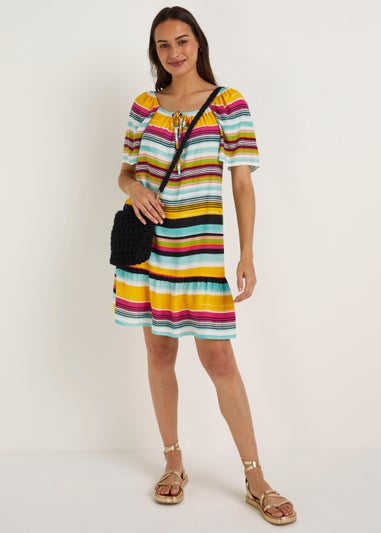 Multicoloured Stripe Bardot Mini Dress