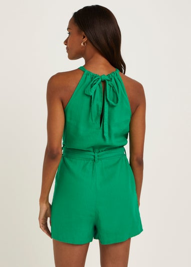 Green Linen Blend Belted Playsuit