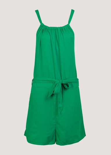 Green Linen Blend Belted Playsuit