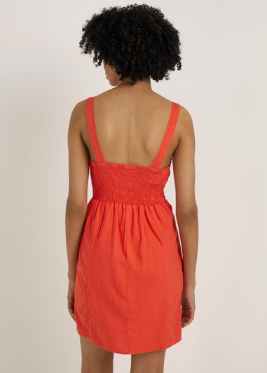 Coral Linen Blend Shirred Mini Dress