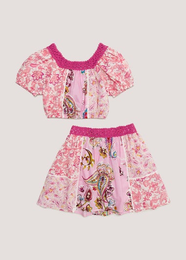 Girls Multicoloured Print Crochet Trim Set (4-13yrs)
