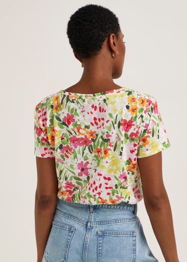 Multicoloured Floral Linen Blend V-Neck T-Shirt