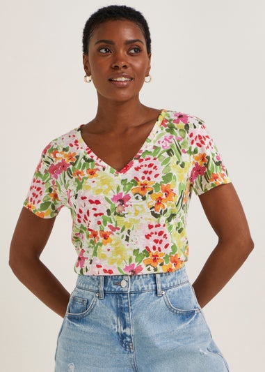 Multicoloured Floral Linen Blend V-Neck T-Shirt
