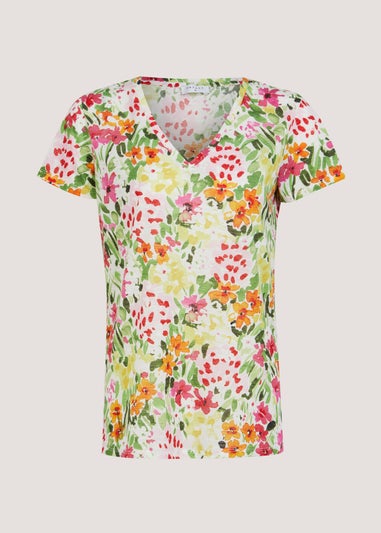 Multicoloured Floral Linen Blend V-Neck T-Shirt