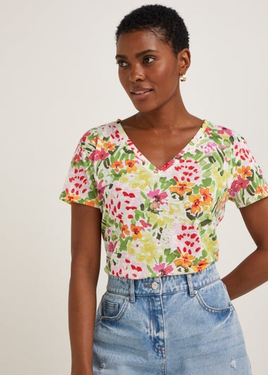 Multicoloured Floral Linen Blend V-Neck T-Shirt