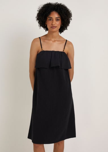 Black Double Cloth Bead Mini Dress