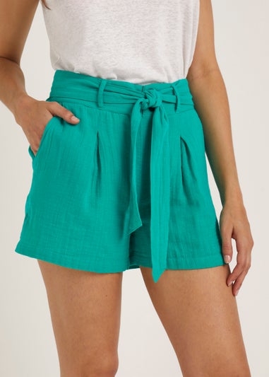 Turquoise Double Cloth Belted Shorts