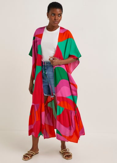 Multicoloured Swirl Print Maxi Kimono