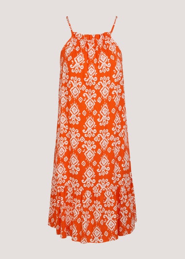 Orange Printed High Neckline Mini Dress