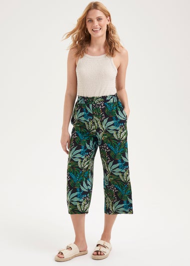 Green Leaf Print Wide Leg Trousers