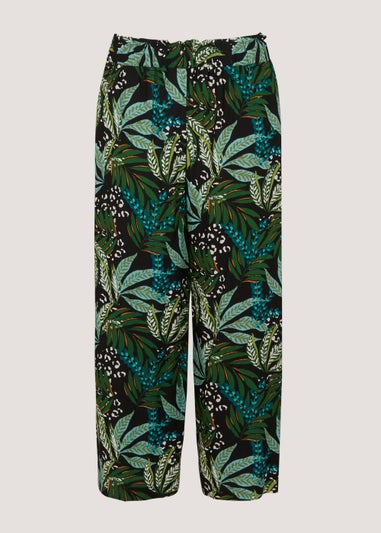 Green Leaf Print Wide Leg Trousers