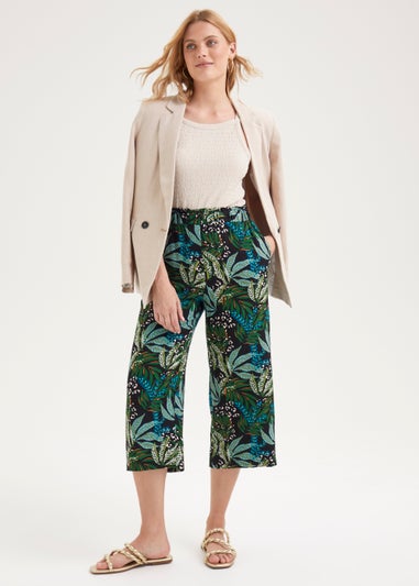 Green Leaf Print Wide Leg Trousers