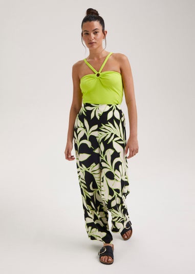 Lime Leaf Print Wide Leg Trousers