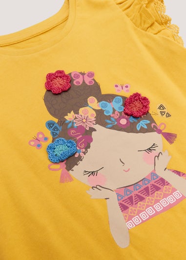 Girls Yellow Print Crochet Flower T-Shirt (9mths-6yrs)