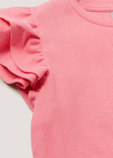 Girls Pink Ribbed Frill T-Shirt (3-14yrs)