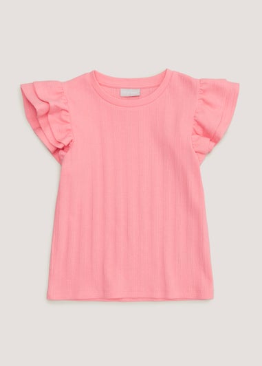 Girls Pink Ribbed Frill T-Shirt (3-14yrs)