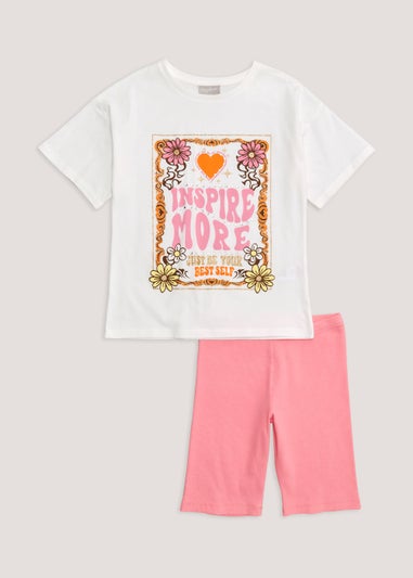 Girls White Inspire More T-Shirt & Cycling Shorts Set (4-13yrs)