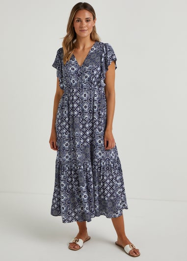 Papaya Petite Navy Tile Print Crinkle Midi Dress